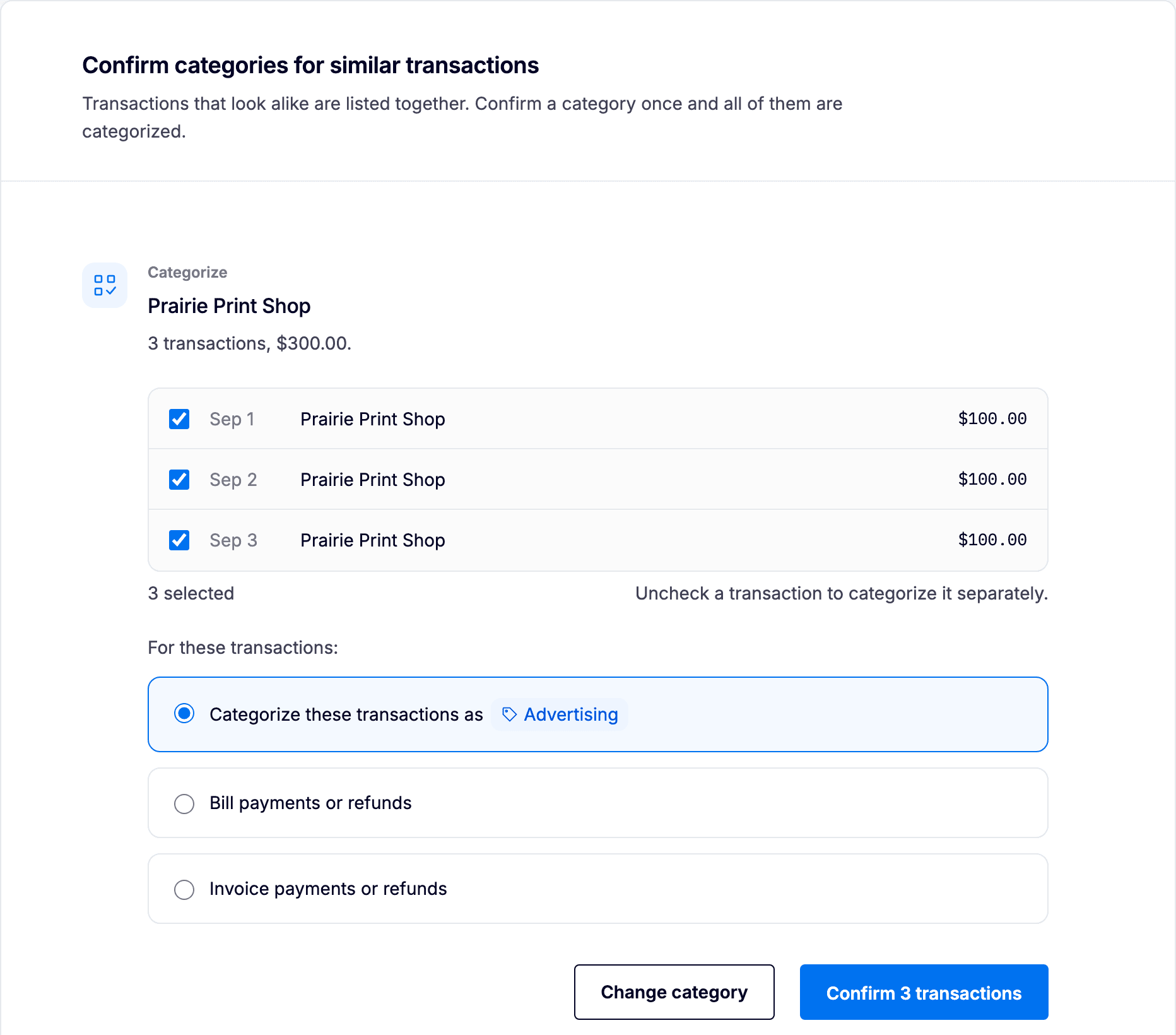Three similar transactions grouped in Tasks with a suggested category.