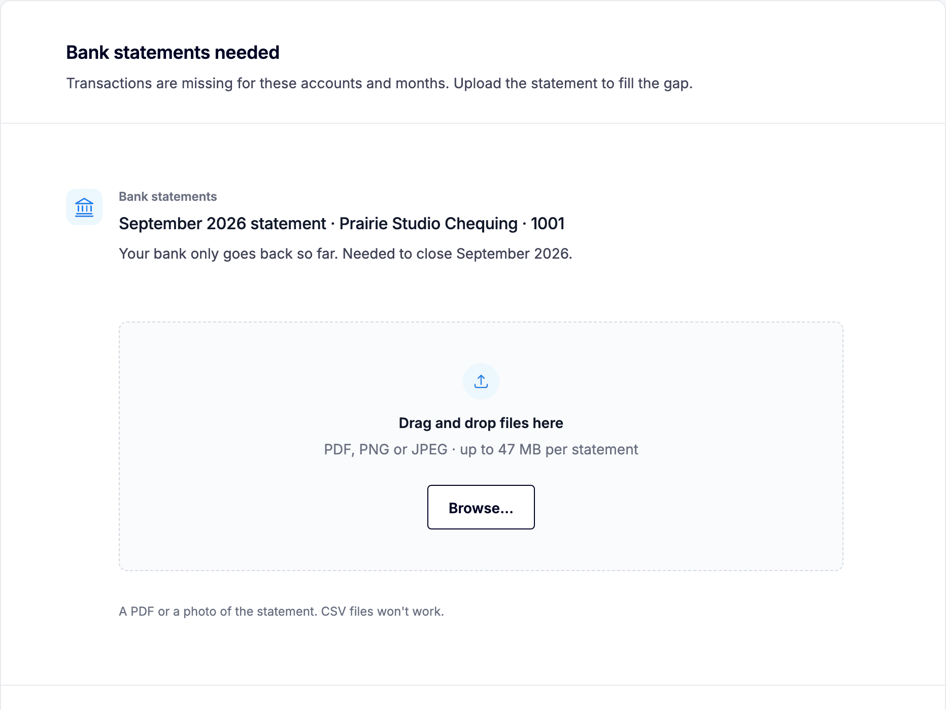 A task asking for a September statement, with a place to drop the file.