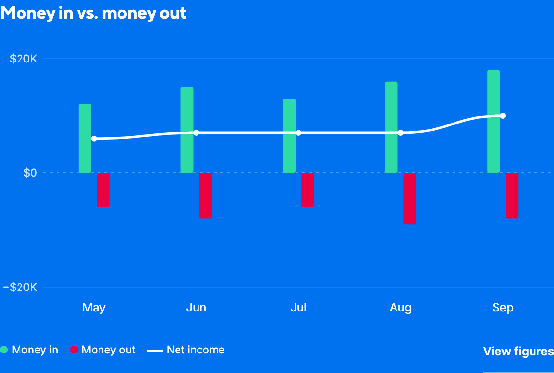 Money in vs. money out for an example business, month by month.