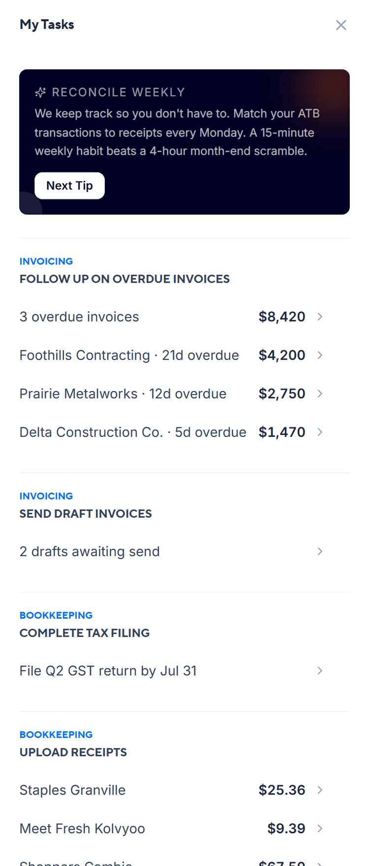Integrated tasks sidebar