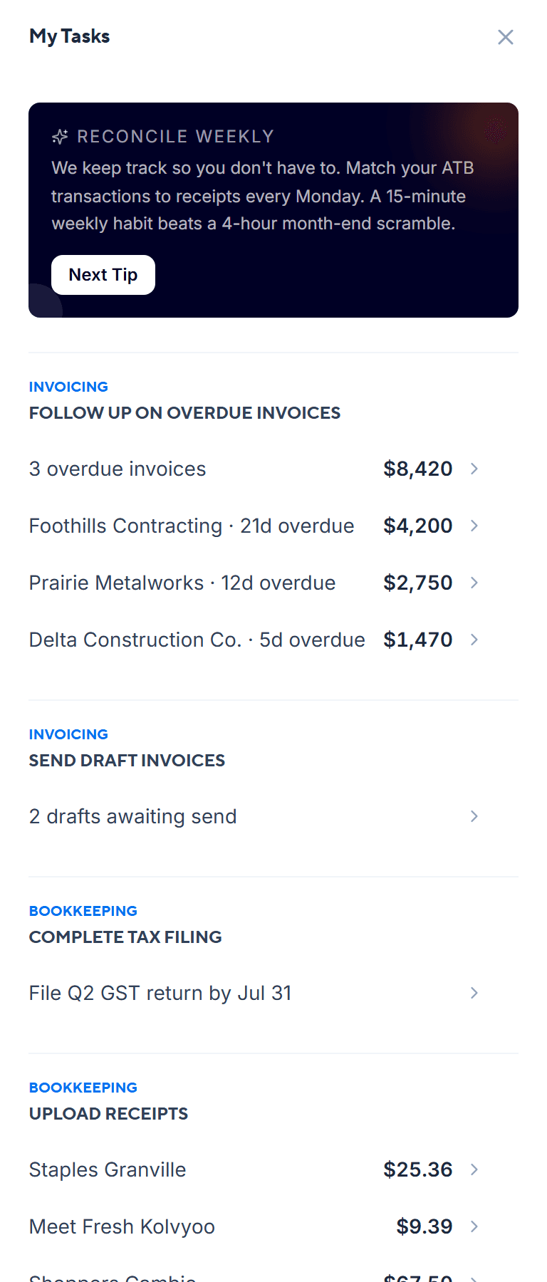 My Tasks sidebar